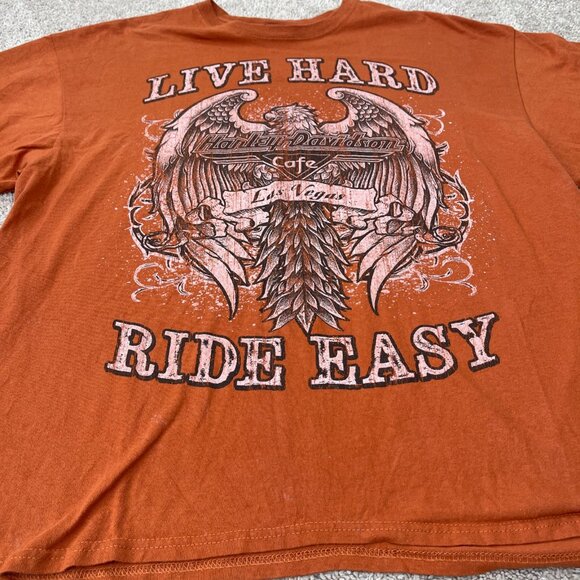 Harley Davidson Cafe Las Vegas Shirt Mens 2XL Orange Graphic Biker Eagle Wings - Picture 2 of 6
